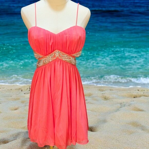 Trixxi ✦ Blush Chiffon Beaded Dress ✦ Cutout Back Tiered Layers Adjustable Strap - Picture 10 of 15